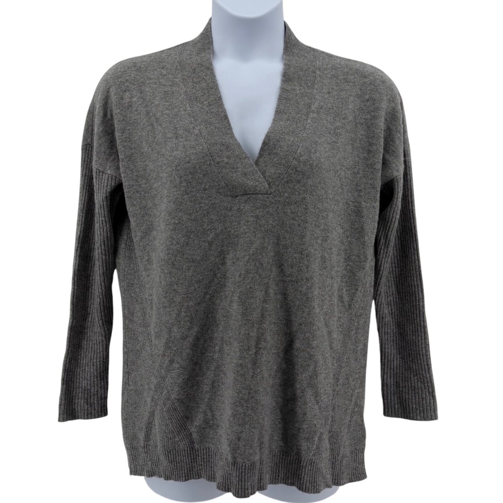 Cynthia Rowley Cashmere Sweater Women Medium Gray V-Neck Ribbed Sleeve Knit Top
